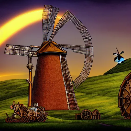 Image similar to discworld theme, linux, windmill, broken pipe, 3 d art, digital illustration, perfect lighting