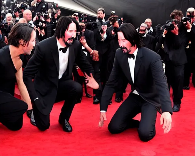 Prompt: keanu reeves bowing down, realistic, award winning photograph, 1 0 0 mm