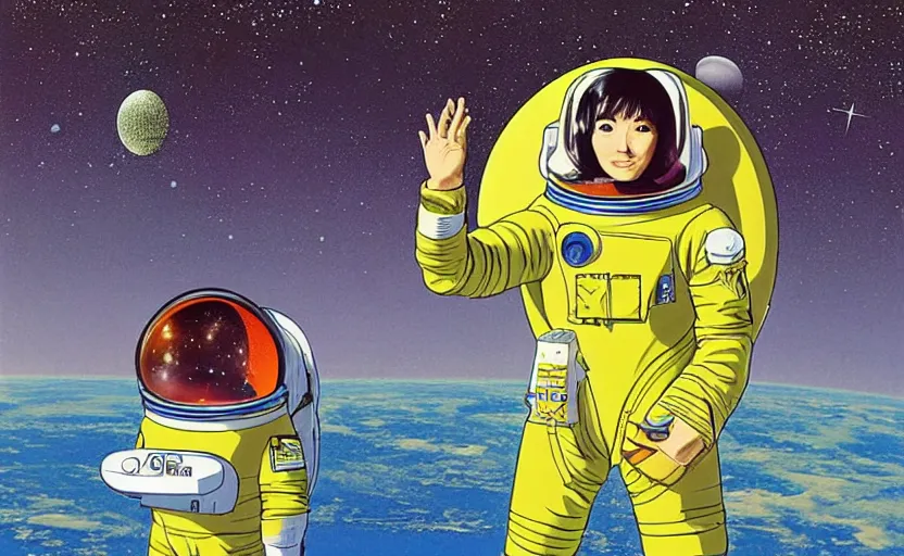 Image similar to yoko tsuno a female astronaut in jaxa yellow spacesuit floating in a scenic space environment next to spaceship, moebius