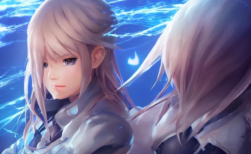 Prompt: character art, octane, concept art, stunning, realistic lightning, realistic ocean, from the azur lane videogame, matte, sharp focus, intricate, 150mm, illustration, trending on artstation, breath of the wild style, realistic human anatomy, simple design, female sailor uniforms, clean line art, more color contrast