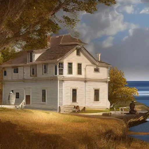 Prompt: colonial house on the shore of Lake Huron, felix Kelly, artstation, Matte painting