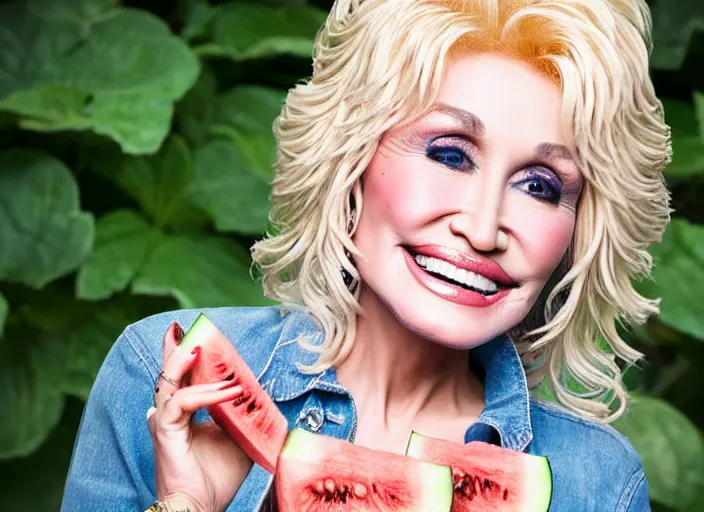 Image similar to studio portrait photo still of 2 0 year old dolly parton!!!!!!!! at age 2 0 2 0 years old 2 0 years of age!!!!!!! surrounded by watermelons, 8 k, 8 5 mm f 1. 8, studio lighting, rim light, right side key light