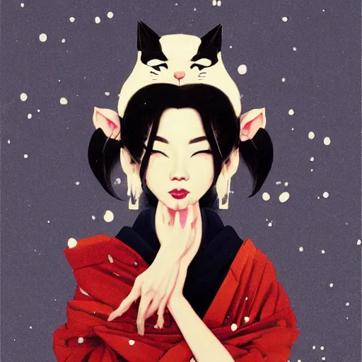 Prompt: full body icon stylized minimalist an asian girl with geisha makeup holding a cute black cat surrounded by snowflakes, loftis, cory behance hd by jesper ejsing and zdzisław beksinski and norman rockwell and greg rutkowski weta studio, and lucasfilm - c 1 0