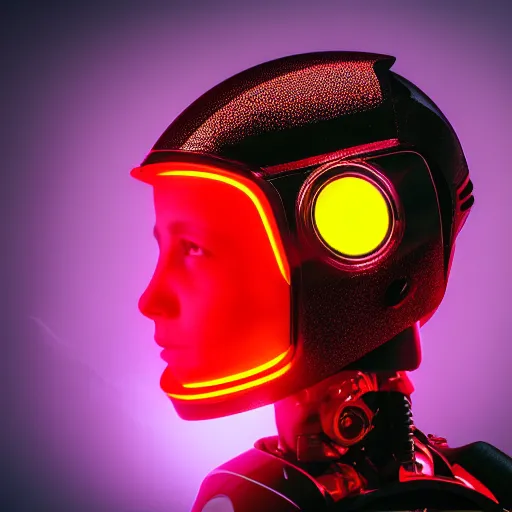 Prompt: photo of robot with 2 0 yo girl inside, leds visor helmet, profile pose, bust shot, high detail, studio, black background, smoke, sharp, cyberpunk, 8 5 mm sigma art lens