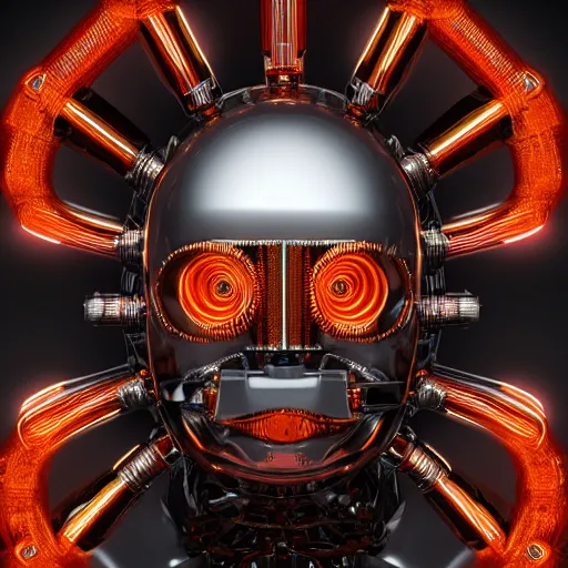 Prompt: portrait photo of a silver and orange glossy metallic futuristic steampunk robot head with multicolored gears and tubes and cables, crisp, fluorescent colors, insanely detailed, 3 d render, unreal engine