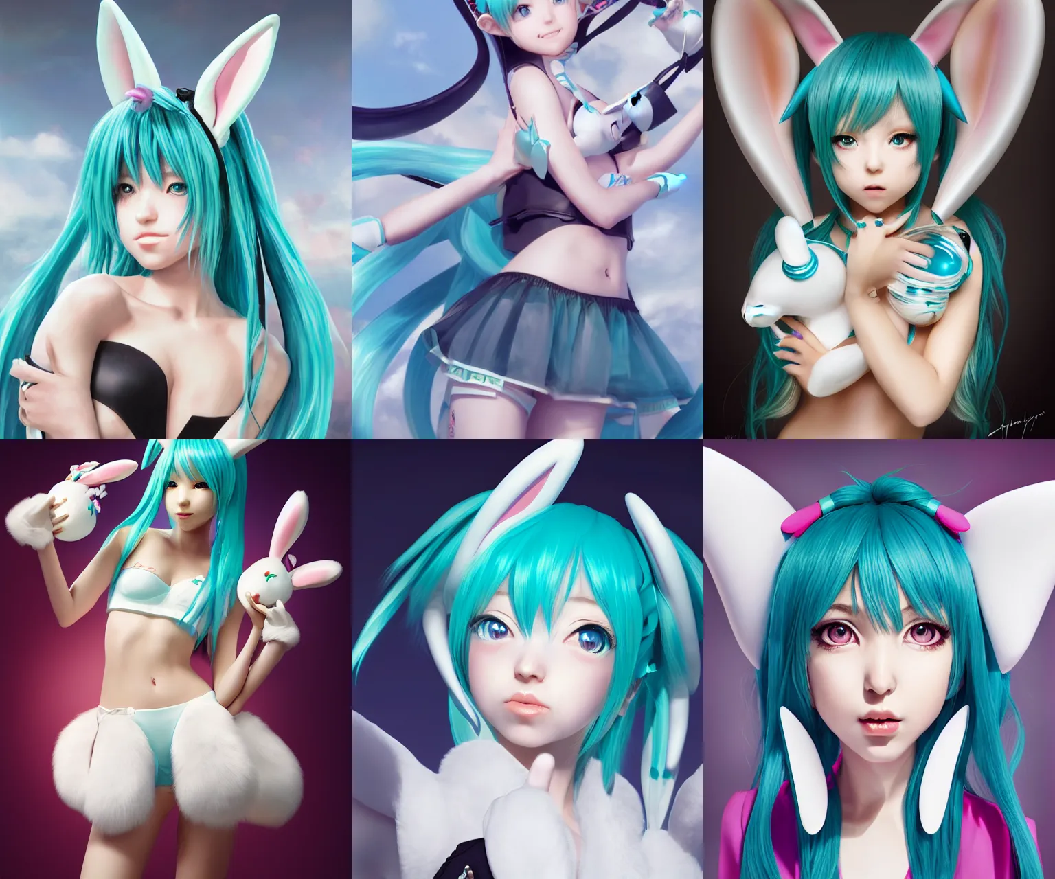 Prompt: hatsune miku with two white bunny ears, Advertising photography by Mario Testino, Stanley Artgerm Lau, WLOP, Andrei Riabovitchev, photorealist style, masterpiece, trending on artstation, cgstudio