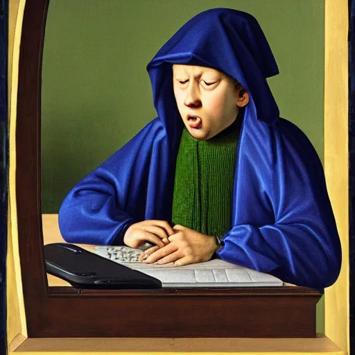 Prompt: a boy desperately typing on a laptop keyboard, frustrated, visibly angry, in the style of Van Eyck