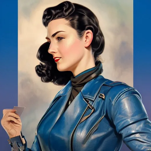 Prompt: portrait of a sexy 1940s female aviator wearing only a leather flight jacket, blue background, upper body, D&D, fantasy, intricate, elegant, highly detailed, digital painting, artstation, concept art, smooth, sharp focus, illustration, art by artgerm and greg rutkowski and alphonse mucha