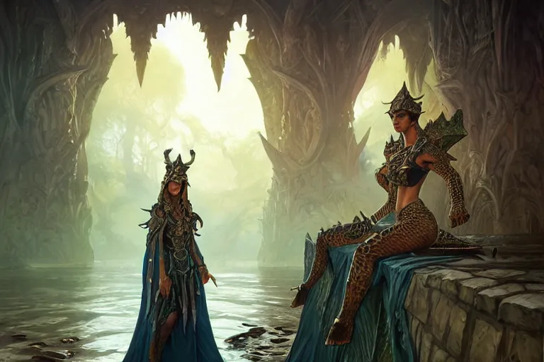 Image similar to crocodile lair priestess ceremony, deep focus, d & d, fantasy, intricate, elegant, highly detailed, digital painting, artstation, concept art, matte, sharp focus, illustration, hearthstone, art by artgerm and greg rutkowski and alphonse mucha