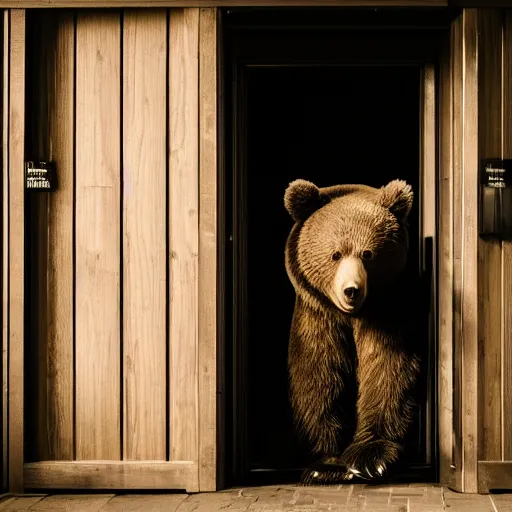 Image similar to dark photograph of a small bear mascot walking through a large wooden doorway