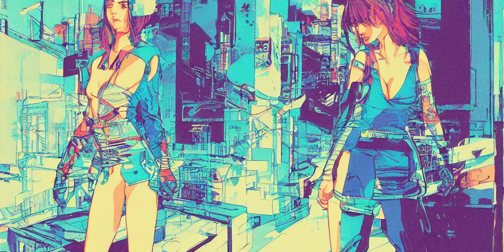 Prompt: a close - up grainy risograph of cyberpunk japanese model girl glance matte poster, cellophane accessories, transparent clothes blue hour, twilight, by moebius and lehr paul