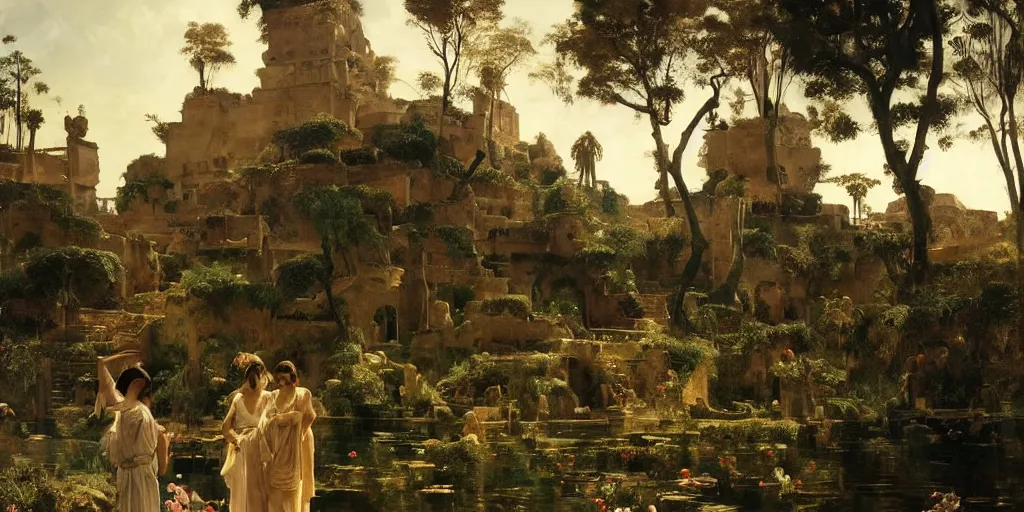 Image similar to beautiful landscape oil matte painting, of bustling empire hanging gardens of babylon, art by anders zorn, wonderful masterpiece highly detailed, beautiful cinematic light deep focus, elegant, digital painting, smooth, sharp focus, golden ratio, dramatic illumination, ultra realistic, 8 k, art by artemisia lomi gentileschi and caravaggio