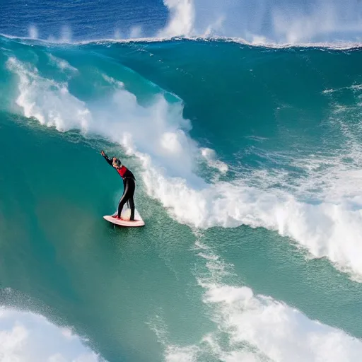 Image similar to surfer riding a surfboard made of medium rare steak, big wave hawaii, 5 0 foot waves, tsunami surfing aerial photography