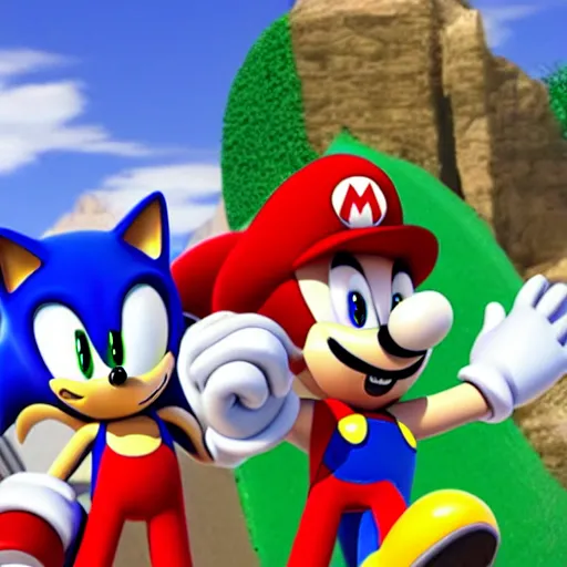 Prompt: sonic the hedgehog handshaking mario