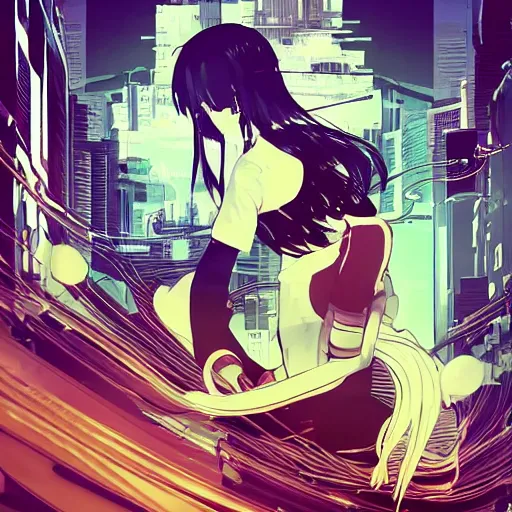 Image similar to Frequency indie album cover, luxury advertisement, yellow filter. Clean and detailed post-cyberpunk sci-fi close-up schoolgirl in asian city in style of cytus and deemo, blue flame, relaxing, calm and mysterious vibes, by Tsutomu Nihei, by Yoshitoshi ABe, by Ilya Kuvshinov, by Greg Tocchini, nier:automata, set in half-life 2, Matrix, GITS, Blade Runner, Neotokyo Source, Syndicate(2012), dynamic composition, beautiful with eerie vibes, very inspirational, very stylish, with gradients, surrealistic, dystopia, postapocalyptic vibes, depth of field, mist, rich cinematic atmosphere, perfect digital art, mystical journey in strange world, beautiful dramatic dark moody tones and studio lighting, shadows, bastion game, arthouse