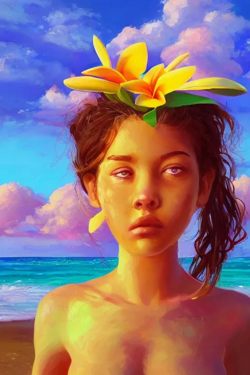 Image similar to closeup, giant frangipani head, girl on beach, surreal photography, golden hour, colorful clouds, impressionist painting, digital painting, artstation, simon stalenhag