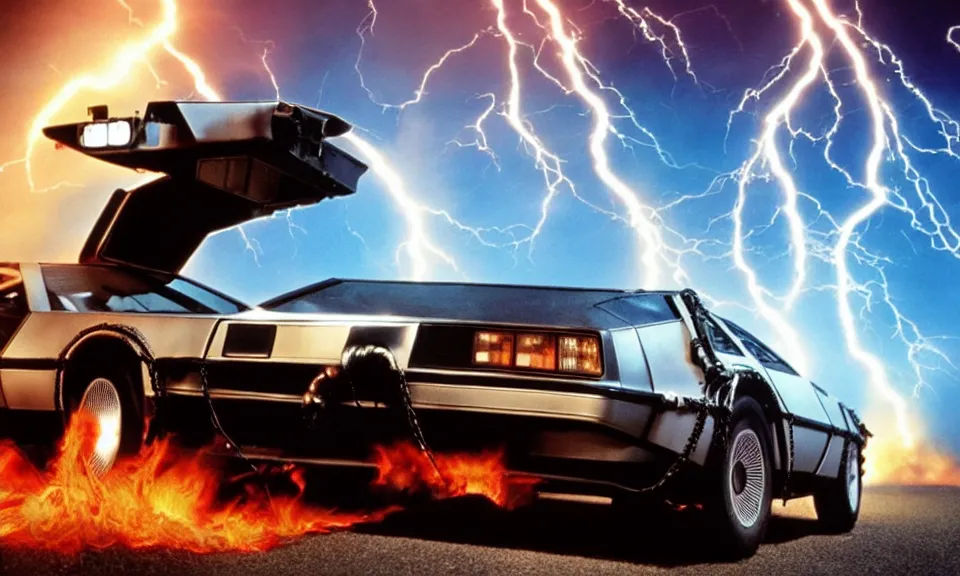 Image similar to scene from back to the future, delorean driving fast, lightning, fire, driving through portal, motion blur