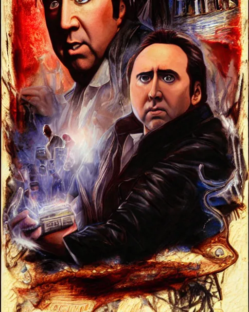 Image similar to nicolas cage in national treasure, airbrush, drew struzan illustration art, key art, movie poster