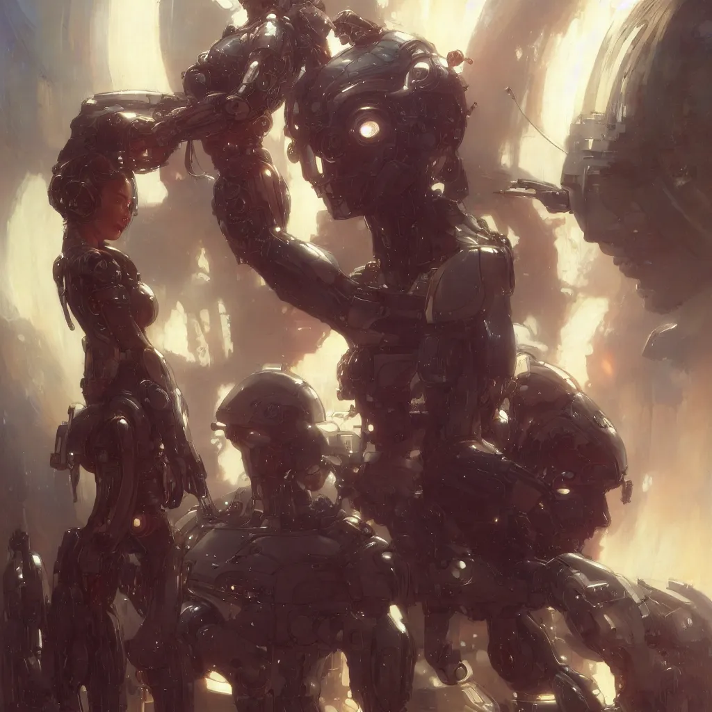 Prompt: male cyborg in love with female android, by gaston bussiere, anna nikonova aka newmilky, greg rutkowski, yoji shinkawa, yoshitaka amano, tsutomu nihei, muira, moebius, donato giancola, trending on artstation, featured on pixiv