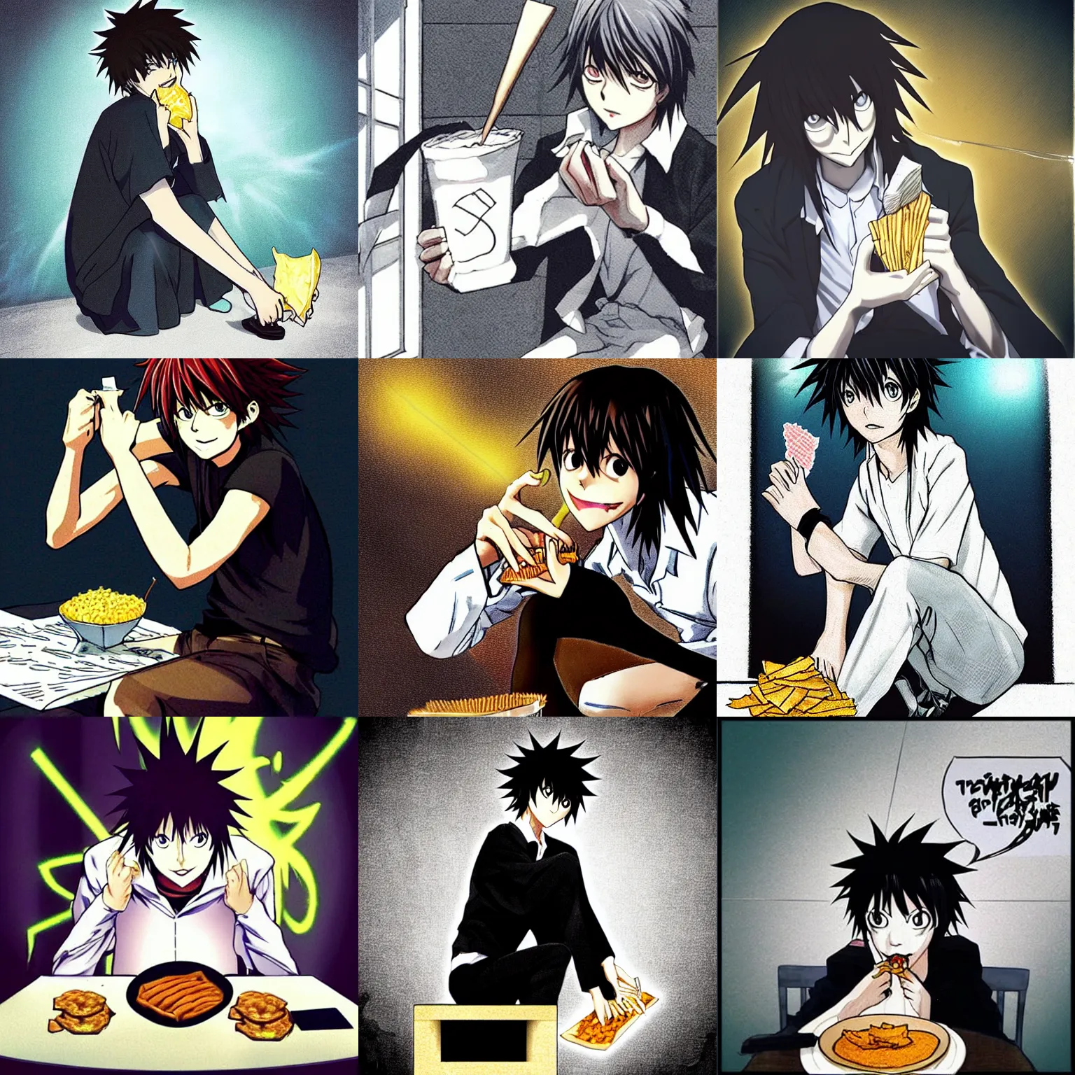 Prompt: “light from death note eating a chip dramatically while squatting on a chair, anime pixiv”