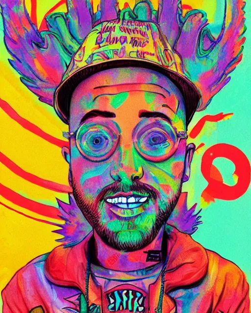 Image similar to mac miller lsd trip, illustrative, concept art, good vibes, peace, love, 4 2 0, don't trip, nikes on my feet