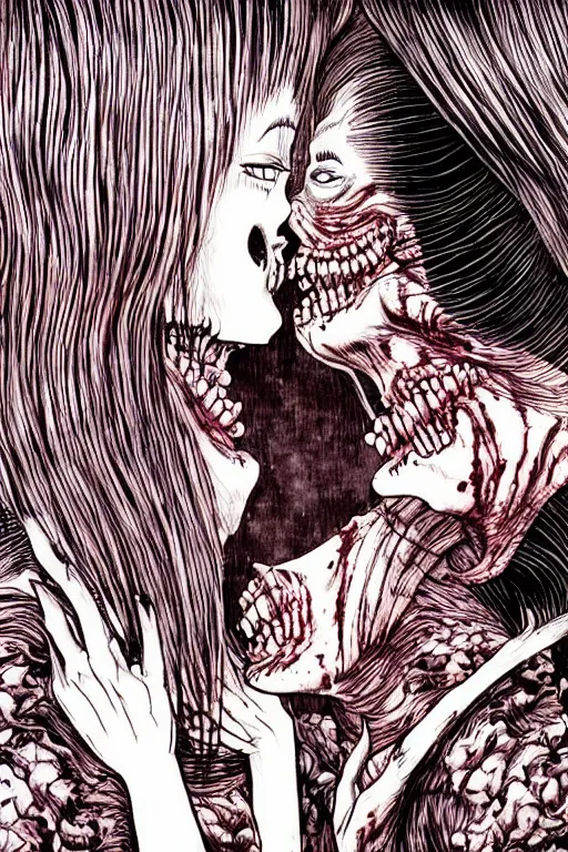 Prompt: two monstrous women creatures kissing each other by Junji Ito, horror manga art, key visual