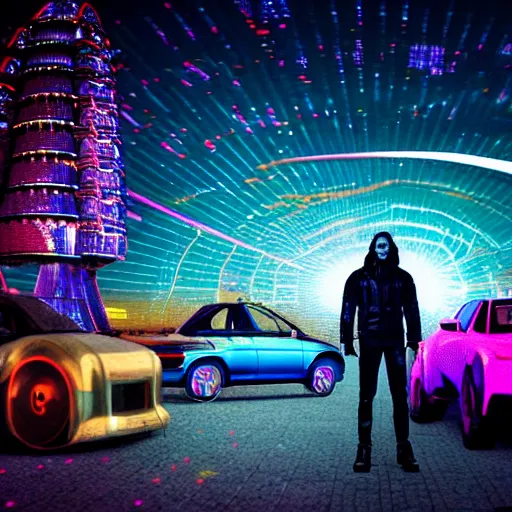 Image similar to photo of sci-fi citizens and vehicles, holographic trees, on the Moon, long shadows, in a Russian cyberpunk city called Neo Norilsk, pitch black sky with stunning bright stars, bright sun, high contrast, diverse outfits, lively, freaky, black sky full of stars, LEDs, holograms, blinding bright sun, sci-fi, cyberpunk outfits, photorealistic, grainy, 35mm, intricate, very very beautiful, elegant, smooth, cinematic, Unreal Engine 5, by Beeple