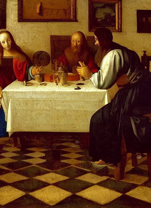 Image similar to a candlelit table at the inn, two people sitting at the table, swirling smoke, dark smoke, realistic, in the style of leonardo da vinci, dutch golden age, amsterdam, medieval painting by jan van eyck, johannes vermeer, florence