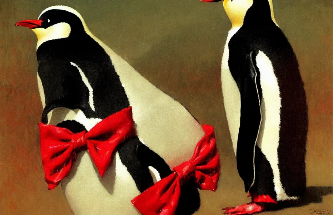 Prompt: a penguin with a red bow tie, detailed painting, epic lighting, by ilya repin, phil hale and kent williams