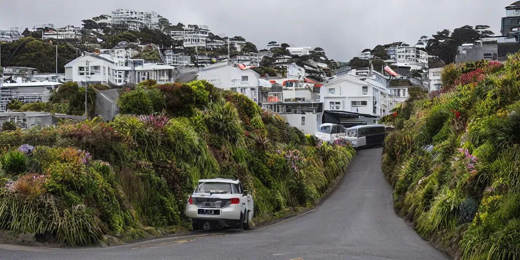 Image similar to a very steep street in wellington, new zealand with multiple building covered in living walls made of endemic new zealand plant species. patrick blanc. windy rainy day. people walking in raincoats. 1 9 0 0's colonial cottages. harbour in the distance.