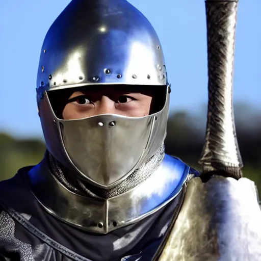 Prompt: a masked warrior in silver armour, wearing a tall, conical helmet clutching a sword