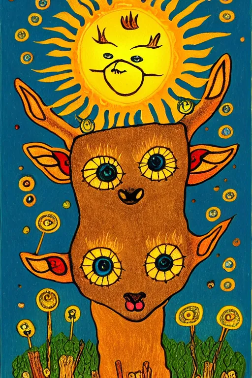 Prompt: tiny golden deer glowing eyes and sun ray mane holding lit matches and singing, children's book illustration, traditional folk art style, gouache on paper, outsider art, David Palladini, Mu Pan, Carson Ellis, Julia Sarda, tarot card, Henry Darger, Louis Wain