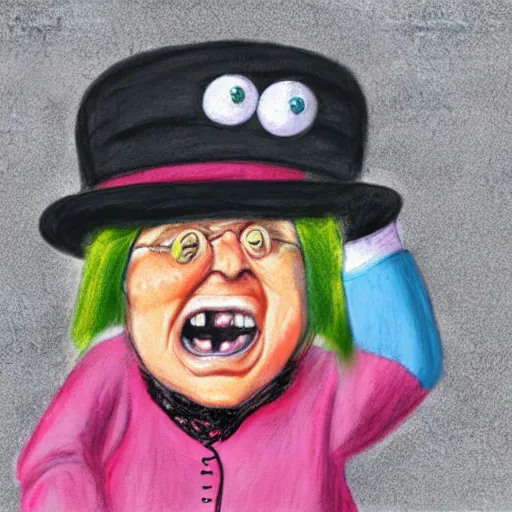 Image similar to Chalk Pastel, crazy cooky old woman, wearing a funny hat, yelling expression, trending on artstation, behance, dribbble