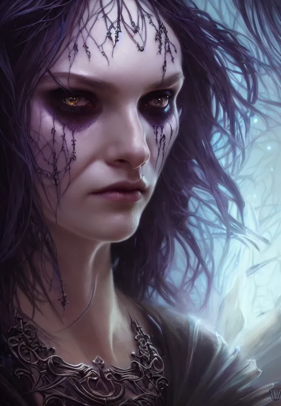 Image similar to Necromancer Sorceress face close-up macro in center, fantasy magic, undercut hairstyle, dark light night, intricate, elegant, sharp focus, illustration, highly detailed, digital painting, concept art, matte, art by WLOP and Artgerm and Greg Rutkowski and Alphonse Mucha, masterpiece