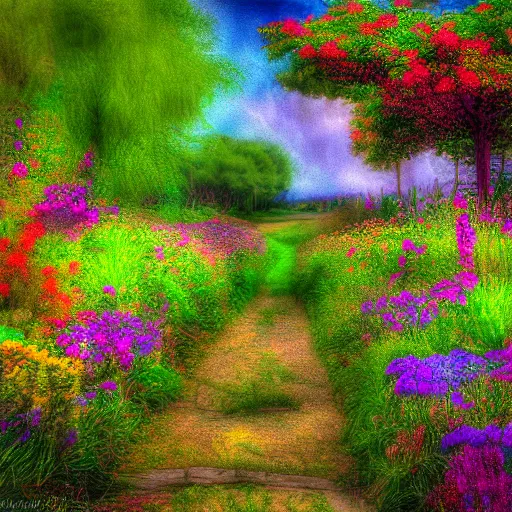 Prompt: a landscape full of flowers and colors in the style of alice in wonderland, hdr