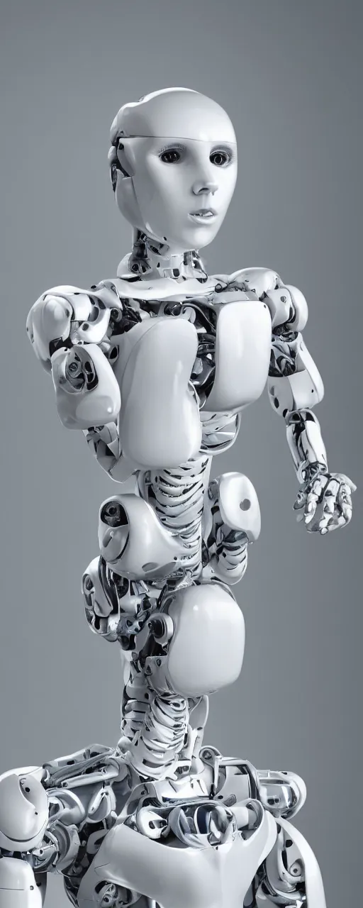 Image similar to a very realistic and high detailed portrait of a humanoid robot in human body form standing in front white background