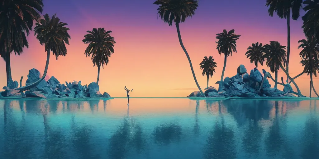 Prompt: Beeple masterpiece, sunset, hyperrealistic surrealism, award winning masterpiece with incredible details, epic stunning, infinity pool, a surreal liminal space, highly detailed, trending on ArtStation, calming, meditative, pink arches, palm trees, surreal, sharp details, dreamscape, giant head statue ruins, gold octahedron statue, crystal clear water