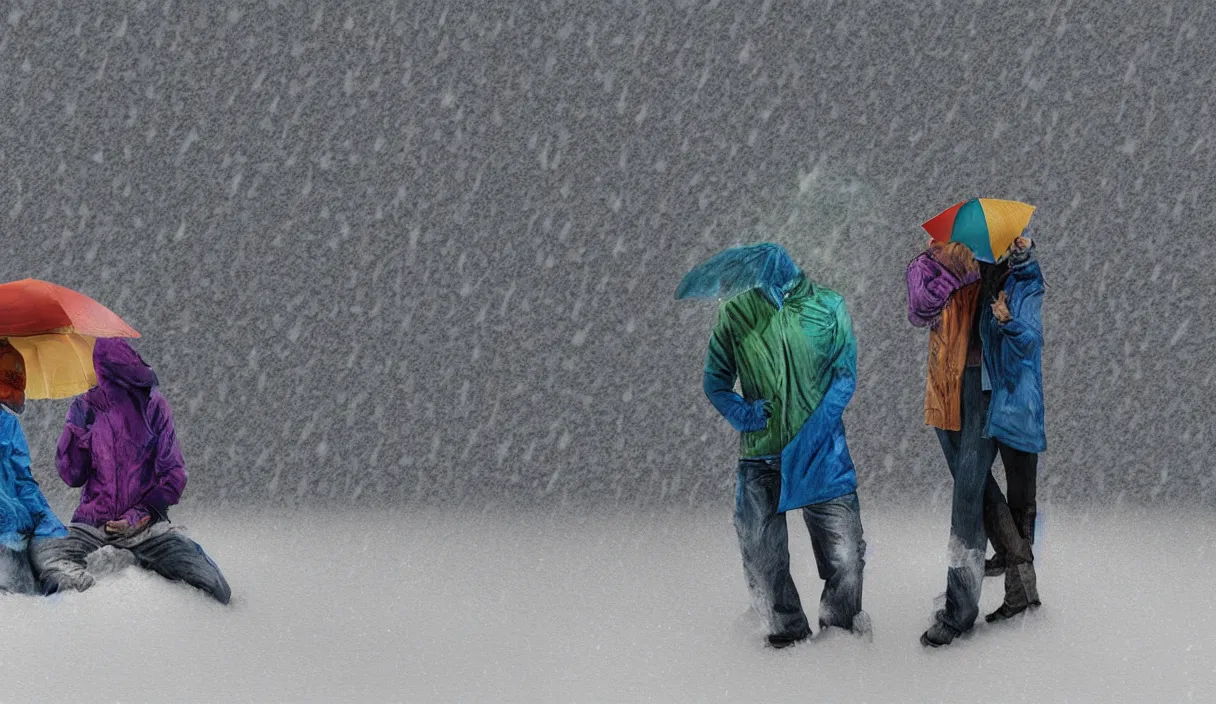 Image similar to multicolor 3 d render of couple hides in snow and rain mystery by @ rikoosten broek created at contemporary in high resolution, with inspiring feeling