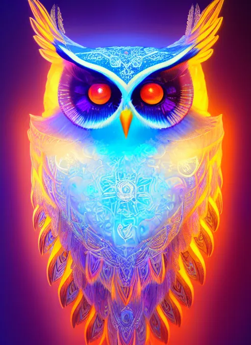 Image similar to symmetry!! product render poster vivid colors divine proportion owl, ice and snow, glowing fog intricate, elegant, highly detailed, digital painting, artstation, concept art, smooth, sharp focus, illustration,