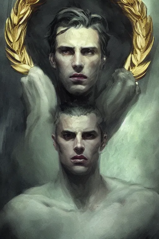 Image similar to a masculine elegant man from sideview and wearing golden laurel wreath, ethereal horror fantasy propaganda art by greg rutkowski and magali villanueve and monet con