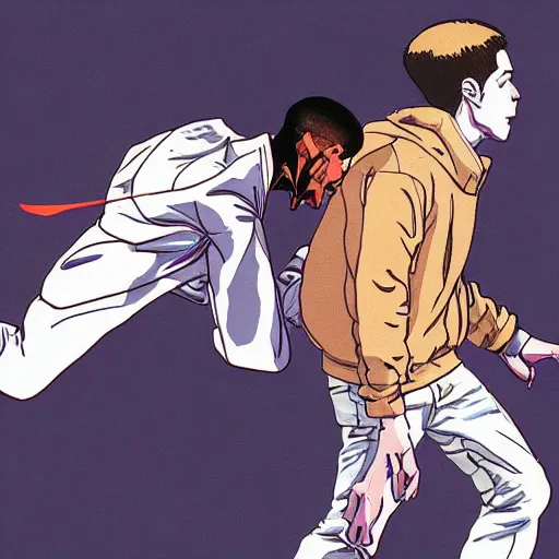 Prompt: An illustration of Kanye West beating up Pete Davidson by Katsuhiro Otomo, comic book style, 8K concept art, cel shaded, anime
