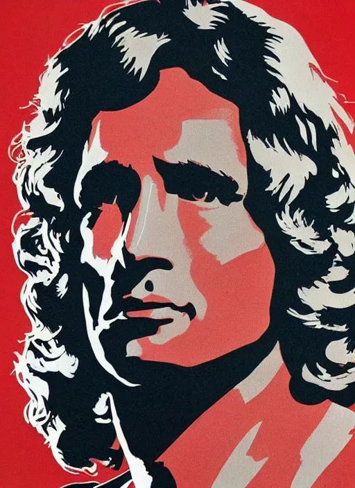 Image similar to Jim Morrison, Detailed, 1970's, Art Poster, Screen print, Cream paper, black, red and cyan ink