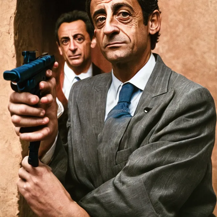 Prompt: very detailed and textured photo portrait of Nicolas Sarkozy with a glock, by Steve McCurry, cinestill 800t 18mm 4k, movie still