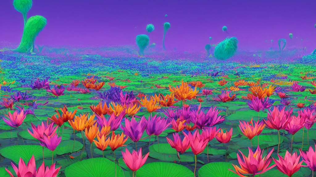 Prompt: digital illustration of a field of multi - colored megaflora lotus flowers by dr. seuss, reimagined by ilm and beeple : 1 | spectral color, electric color, rolling hills : 0. 9 | fantasy : 0. 9 | unreal engine, deviantart, artstation, hd, 8 k resolution : 0. 8