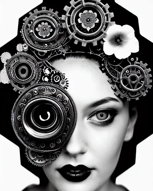 Image similar to black and white masterpiece profile portrait, one steampunk eye silver hexagonal meshes floral biomechanical beautiful young female cyborg, big monocular, volumetric light, hibiscus flowers, by hg giger, rim light, big gothic fashion pearl embroidered collar, 8 k