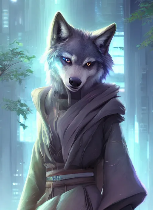 Image similar to commission of a beautiful portrait of a female anthro wolf fursona wearing jedi robes in a forested cyberpunk city. Character design by charlie bowater, ross tran, artgerm, and makoto shinkai, detailed, soft lighting, rendered in octane