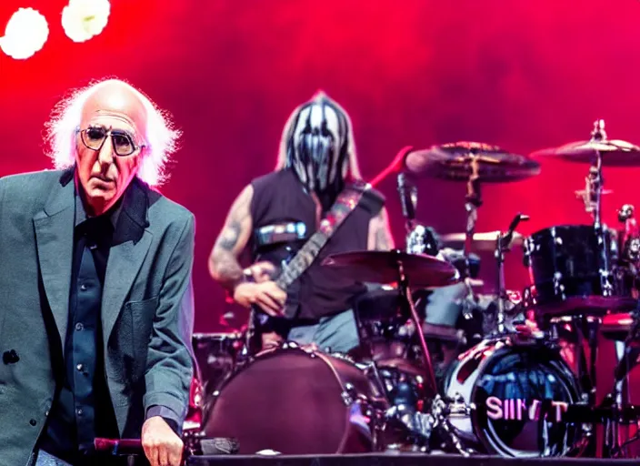 Image similar to publicity photo still of larry david touring with slipknot live on stage, 8 k, live concert lighting, mid shot