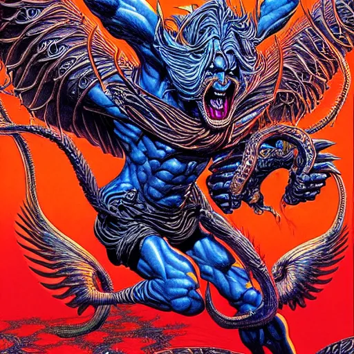 Prompt: hyper detailed illustration of flying demon, intricate linework, post by greg hildebrandt. 8 0 s fantasy artwork