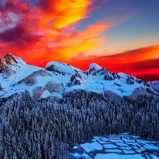 Image similar to tall snowy mountain range, realistic, detailed, award winning photo, sunset, 8 k