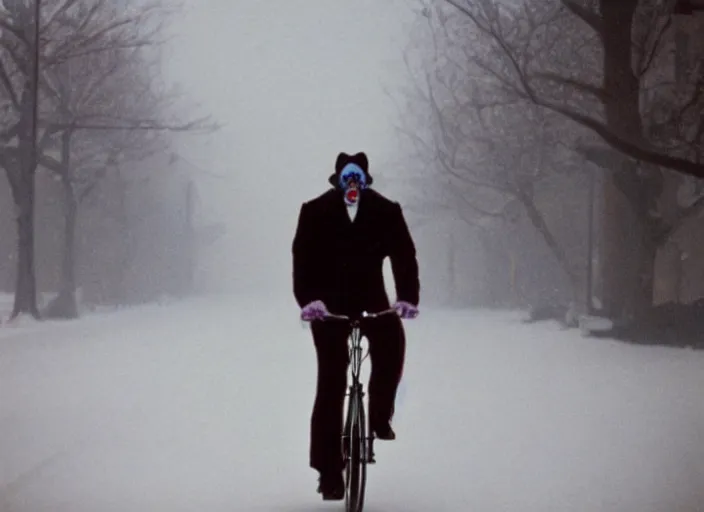 Prompt: A very high resolution image from a new movie, a clown riding a bike in a blizzard in New York City, Polaroid, directed by Steven Spielberg